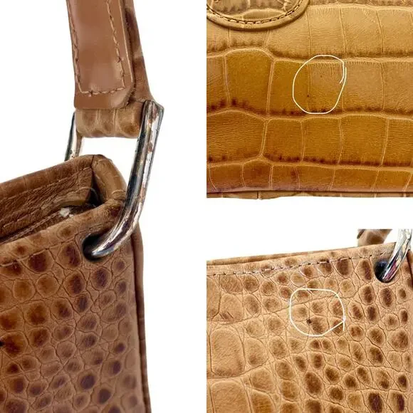 Longchamp Roseau Croc Embossed Shoulder Bag Vintage Leather Y2K Bamboo Toggle